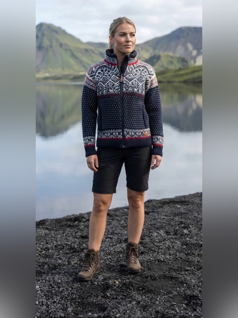 Nordic-Inspired Zip-Up Wool Jacket - Navy with Red & White